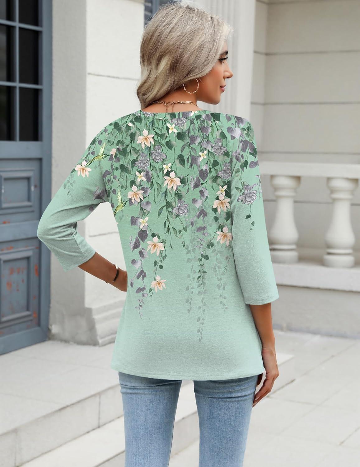 imageZeagoo 34 Length Sleeve Womens Tops Casual V Neck Shirts Soft Basic Tees Business Work BlousesSpring Bird