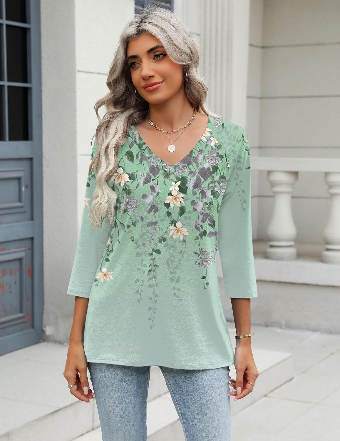 imageZeagoo 34 Length Sleeve Womens Tops Casual V Neck Shirts Soft Basic Tees Business Work BlousesSpring Bird
