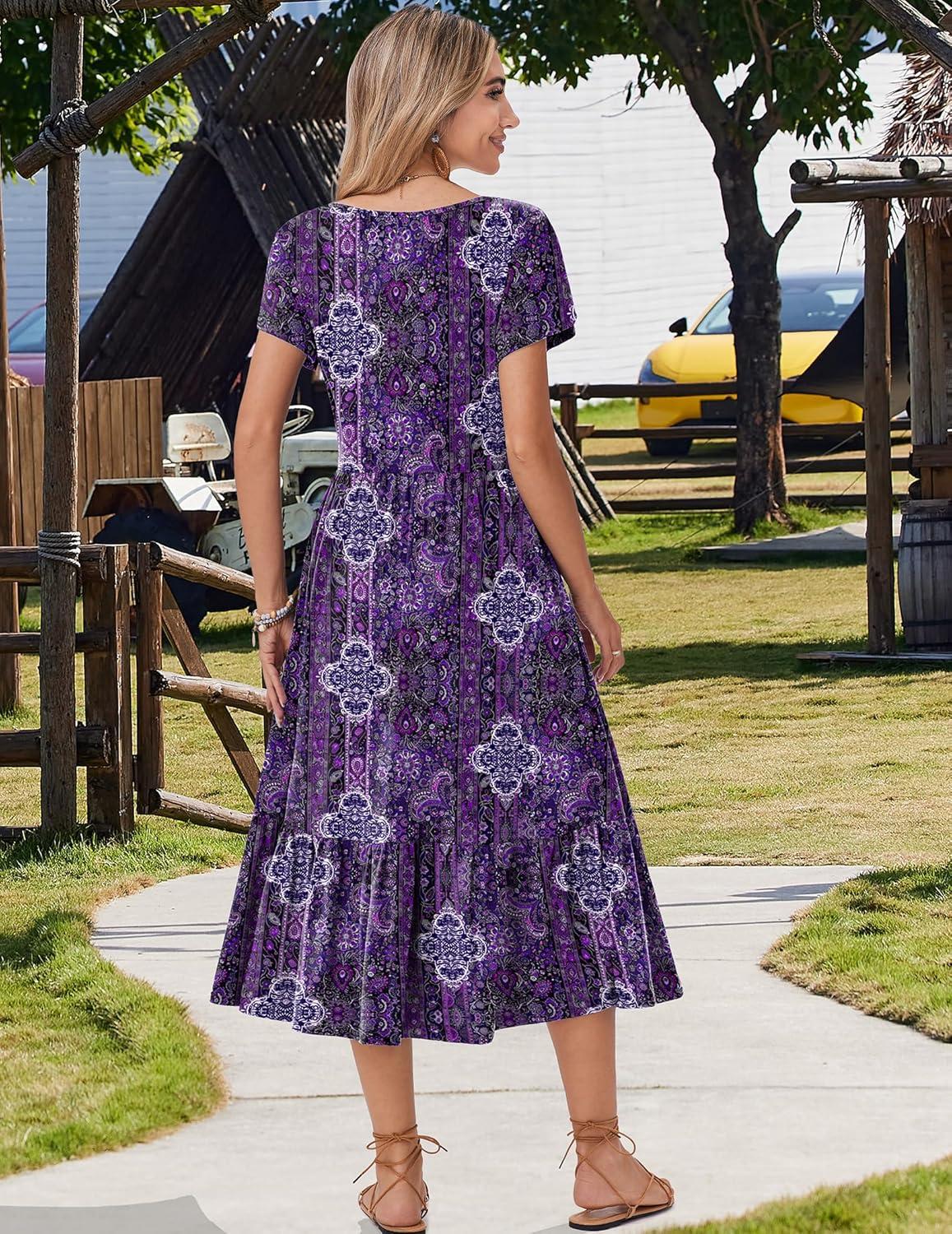 imageZeagoo Women Summer Midi A Line Dress Short Sleeve Casual Flowy Tiered Beach Long Sundress with Pockets 2026 Vacation TravelMz907