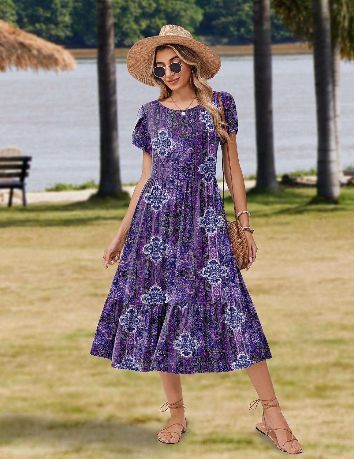 imageZeagoo Women Summer Midi A Line Dress Short Sleeve Casual Flowy Tiered Beach Long Sundress with Pockets 2026 Vacation TravelMz907