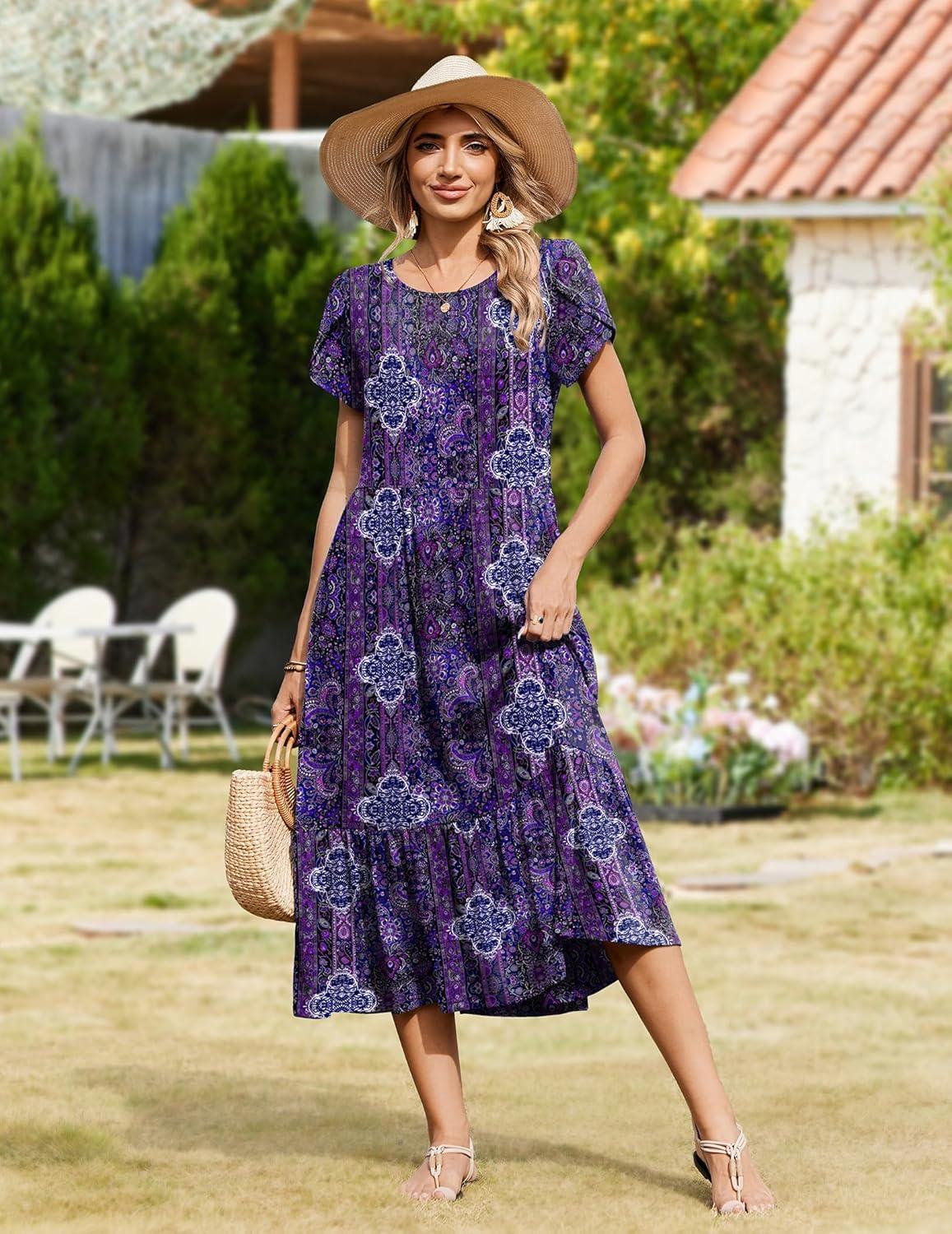 imageZeagoo Women Summer Midi A Line Dress Short Sleeve Casual Flowy Tiered Beach Long Sundress with Pockets 2026 Vacation TravelMz907