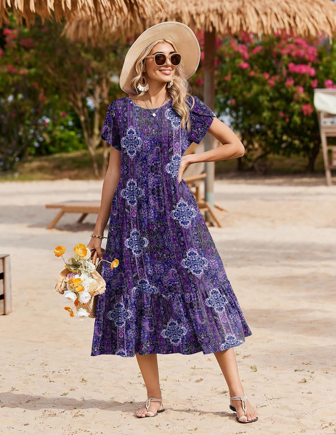 imageZeagoo Women Summer Midi A Line Dress Short Sleeve Casual Flowy Tiered Beach Long Sundress with Pockets 2026 Vacation TravelMz907
