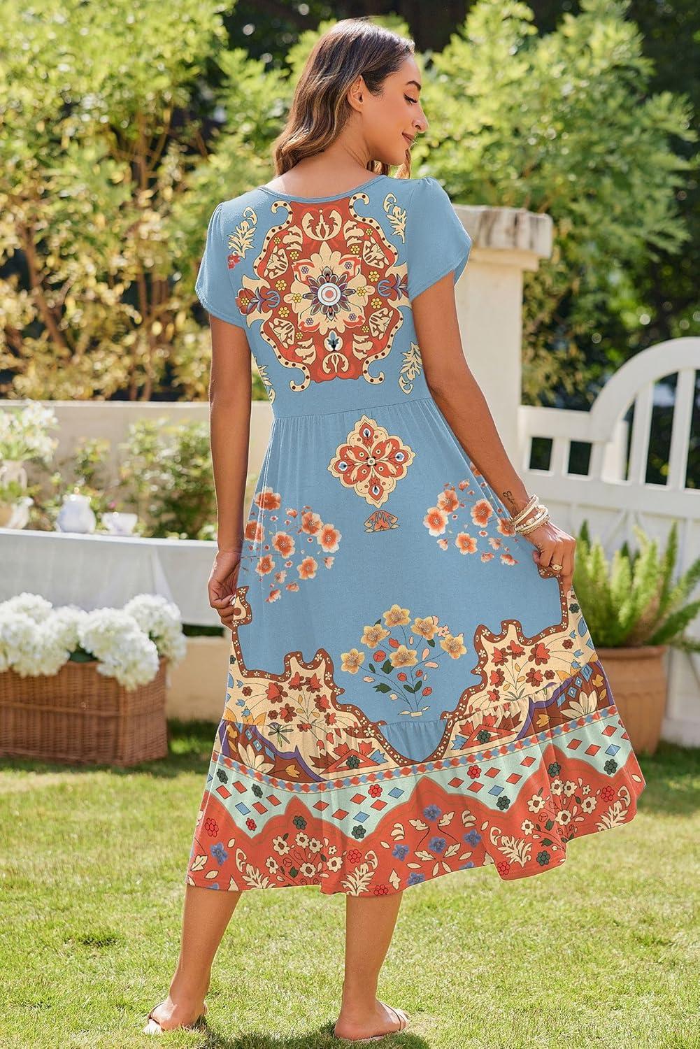 imageZeagoo Women Summer Midi A Line Dress Short Sleeve Casual Flowy Tiered Beach Long Sundress with Pockets 2026 Vacation TravelRetro Style