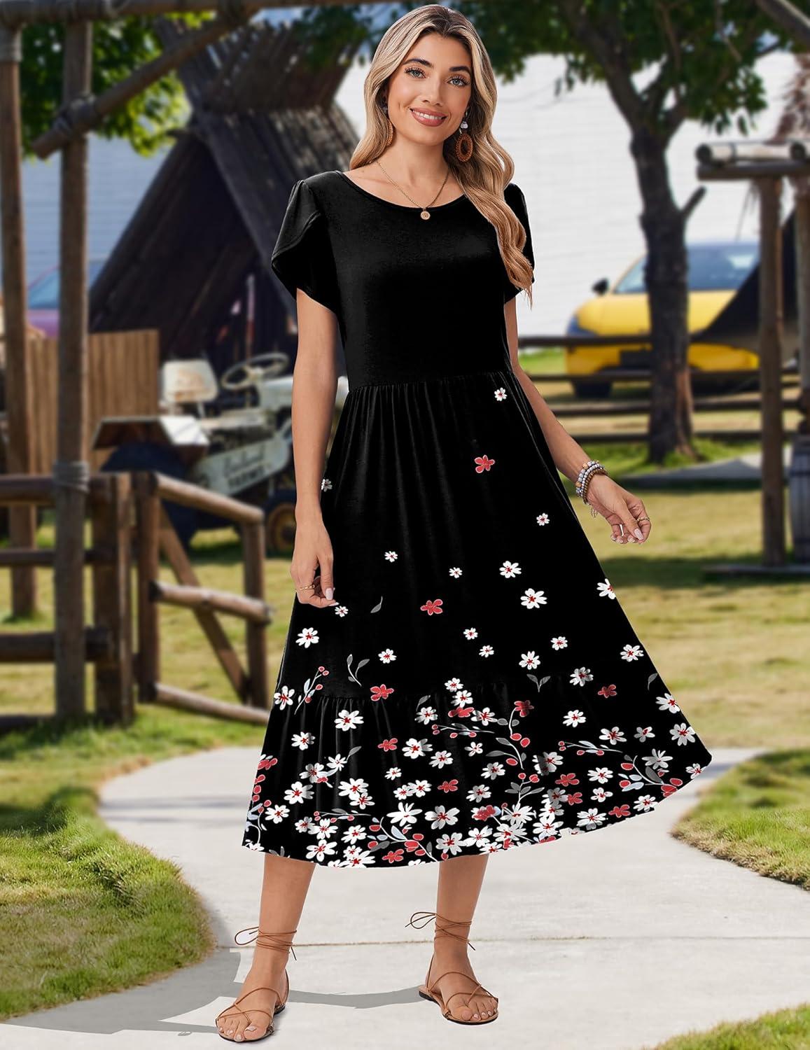 imageZeagoo Women Summer Midi A Line Dress Short Sleeve Casual Flowy Tiered Beach Long Sundress with Pockets 2026 Vacation TravelSf236