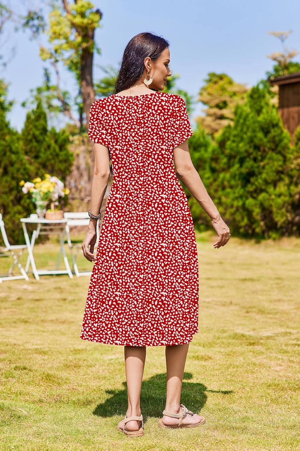 imageZeagoo Women Summer Short Sleeve Midi Dress with Pockets Casual Aline Flowy Tshirt Dress Floral Vocation Beach SundressRed Round Dot