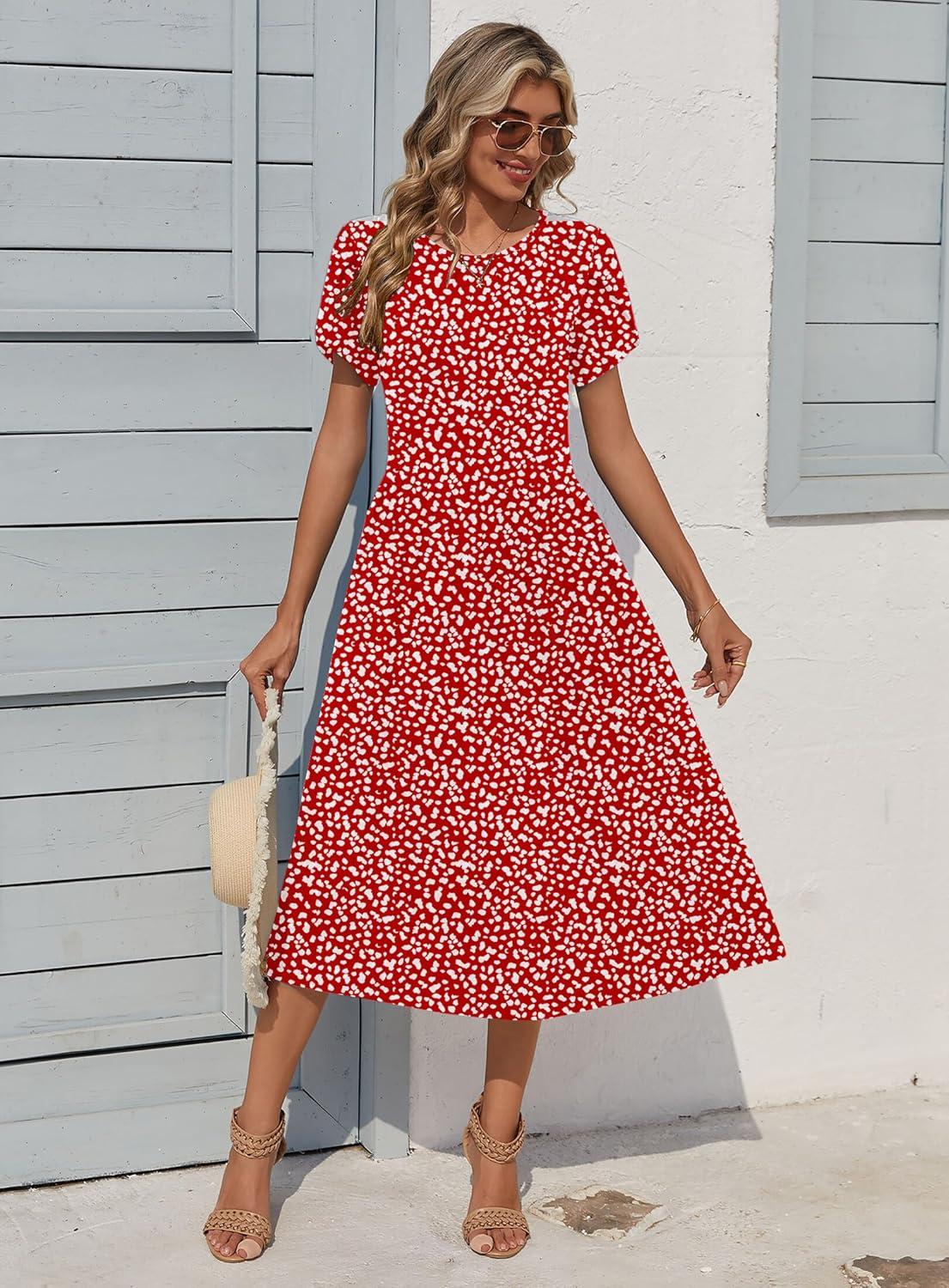 imageZeagoo Women Summer Short Sleeve Midi Dress with Pockets Casual Aline Flowy Tshirt Dress Floral Vocation Beach SundressRed Round Dot