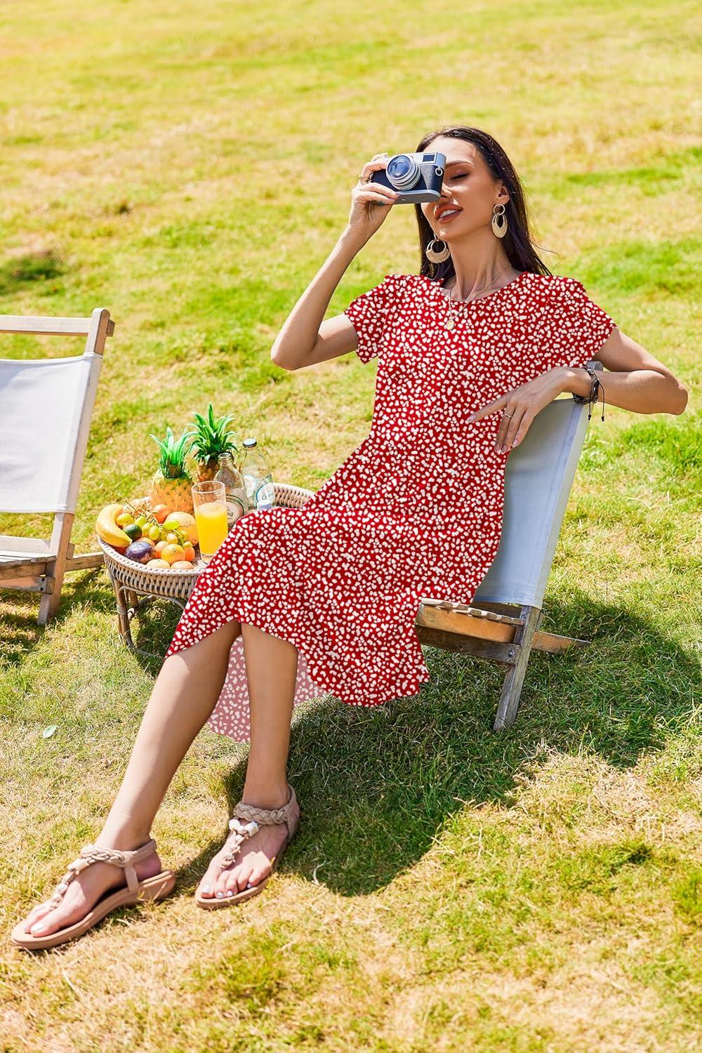 imageZeagoo Women Summer Short Sleeve Midi Dress with Pockets Casual Aline Flowy Tshirt Dress Floral Vocation Beach SundressRed Round Dot