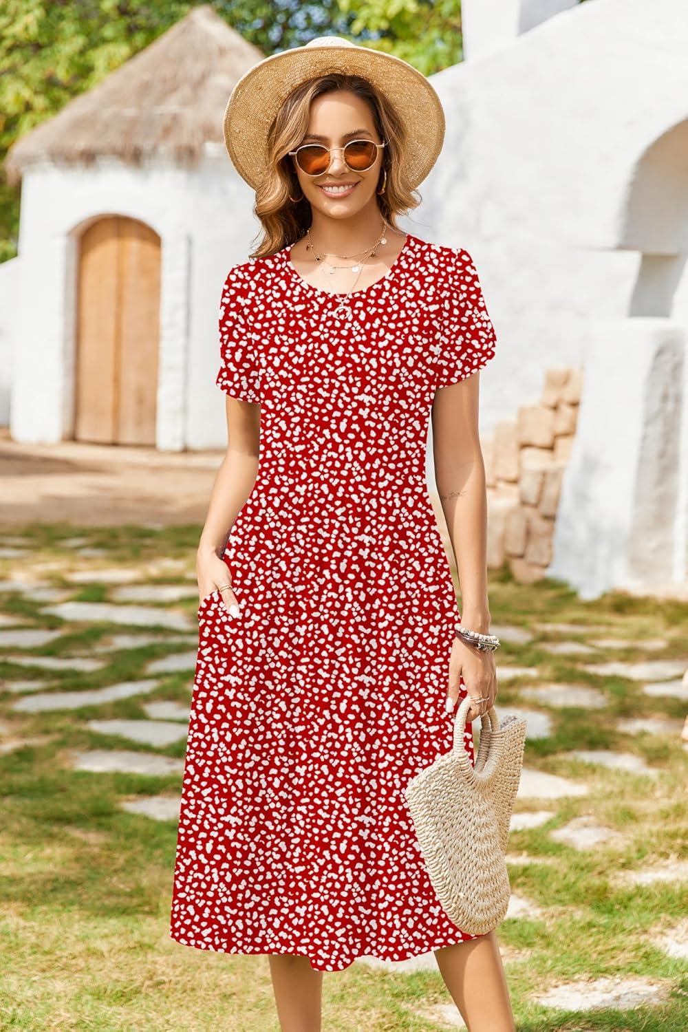 imageZeagoo Women Summer Short Sleeve Midi Dress with Pockets Casual Aline Flowy Tshirt Dress Floral Vocation Beach SundressRed Round Dot