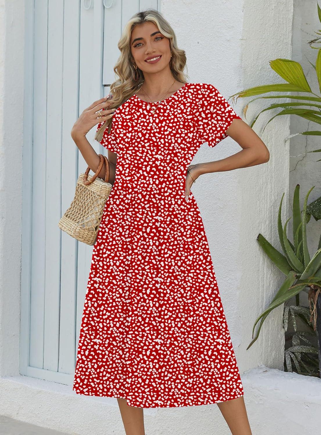 imageZeagoo Women Summer Short Sleeve Midi Dress with Pockets Casual Aline Flowy Tshirt Dress Floral Vocation Beach SundressRed Round Dot