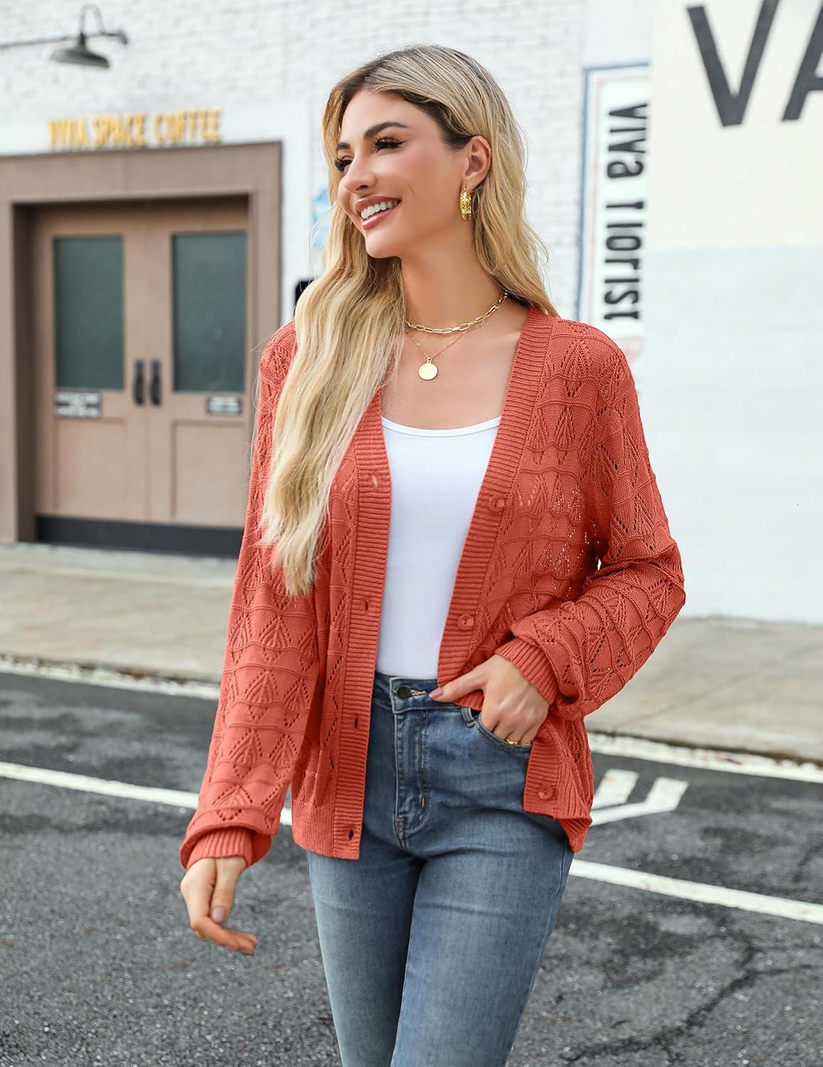 imageZeagoo Womens Lightweight Crochet Cropped Cardigan 2024 V Neck Long Sleeve Button up Bolero Shrug SweaterRed