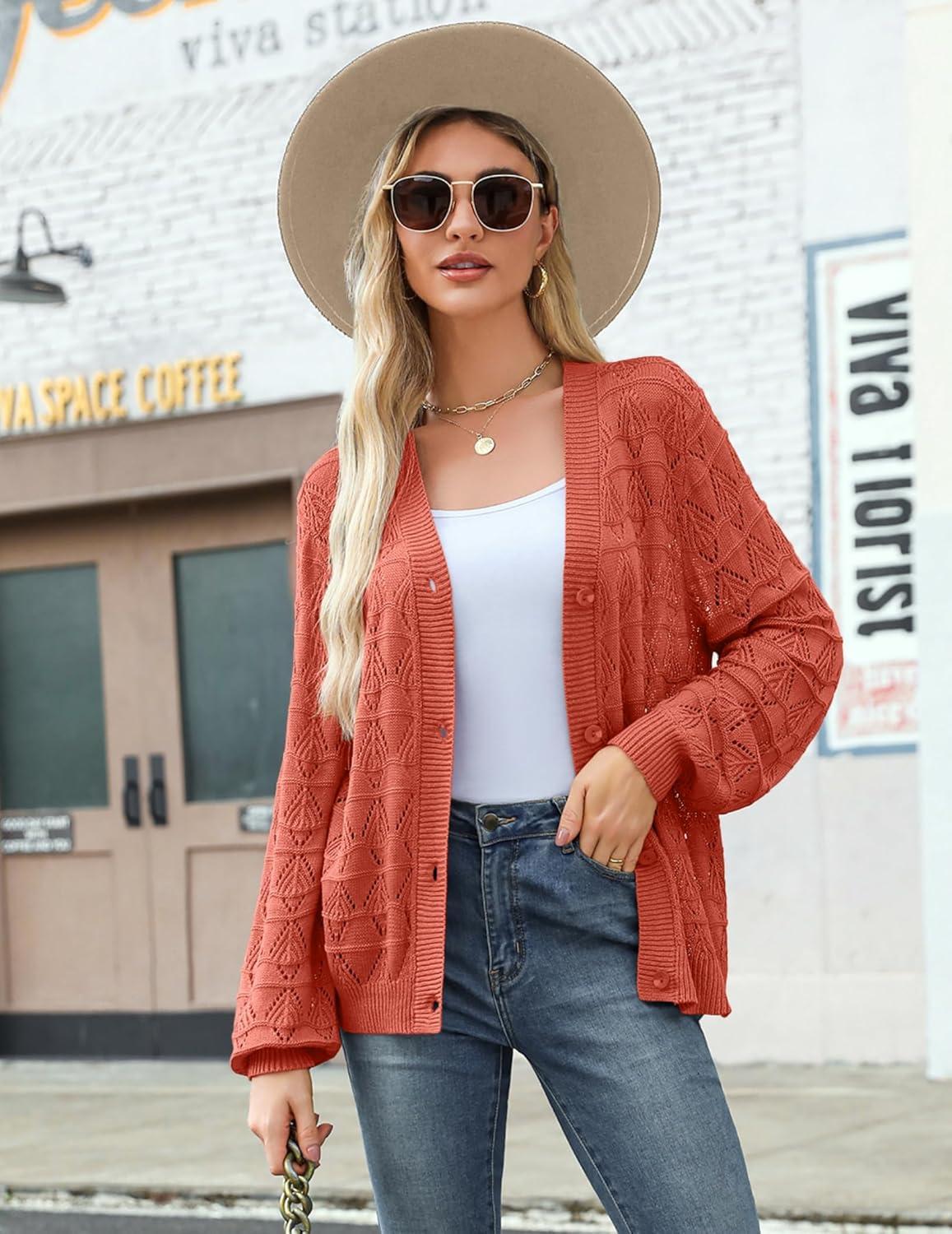 imageZeagoo Womens Lightweight Crochet Cropped Cardigan 2024 V Neck Long Sleeve Button up Bolero Shrug SweaterRed