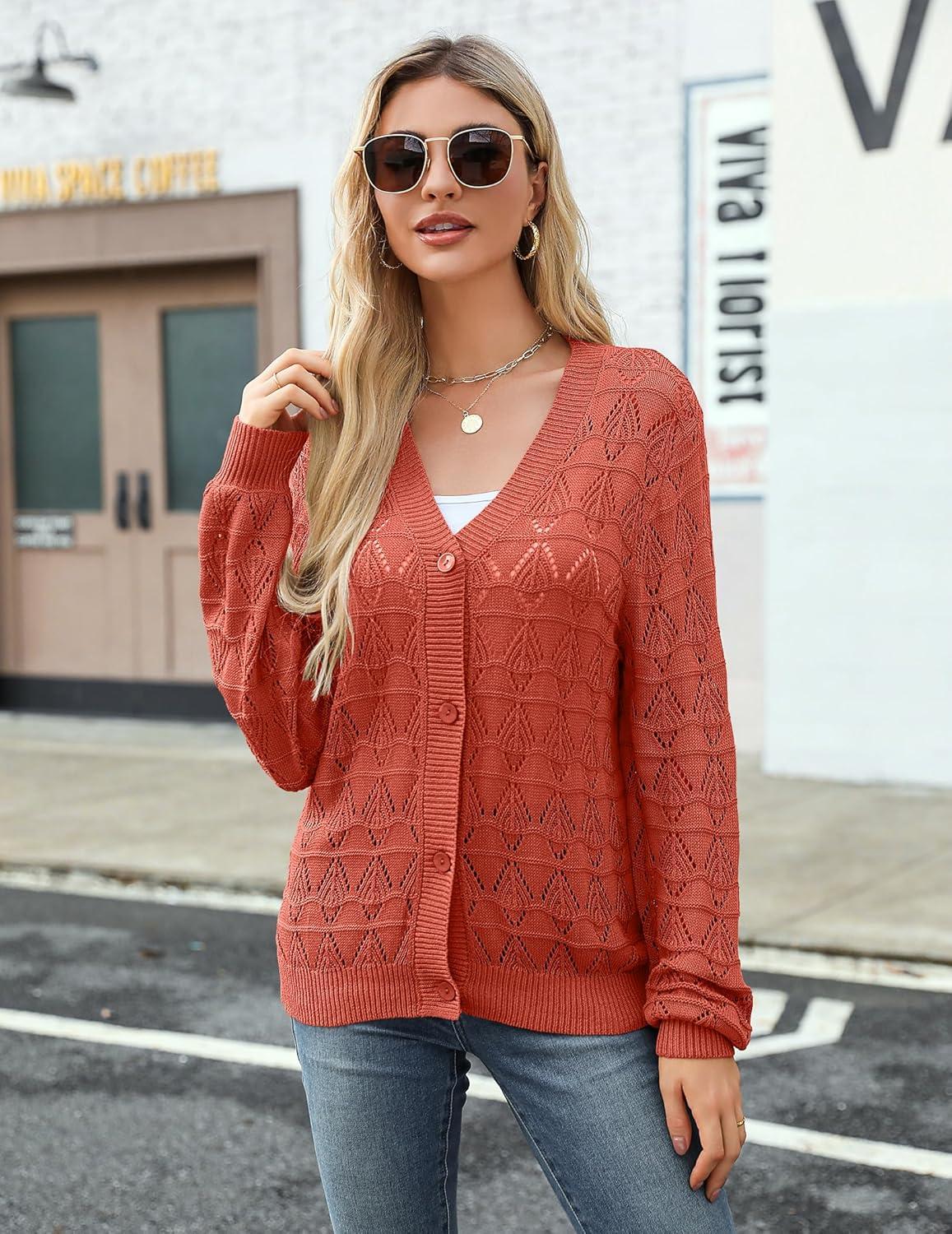 imageZeagoo Womens Lightweight Crochet Cropped Cardigan 2024 V Neck Long Sleeve Button up Bolero Shrug SweaterRed