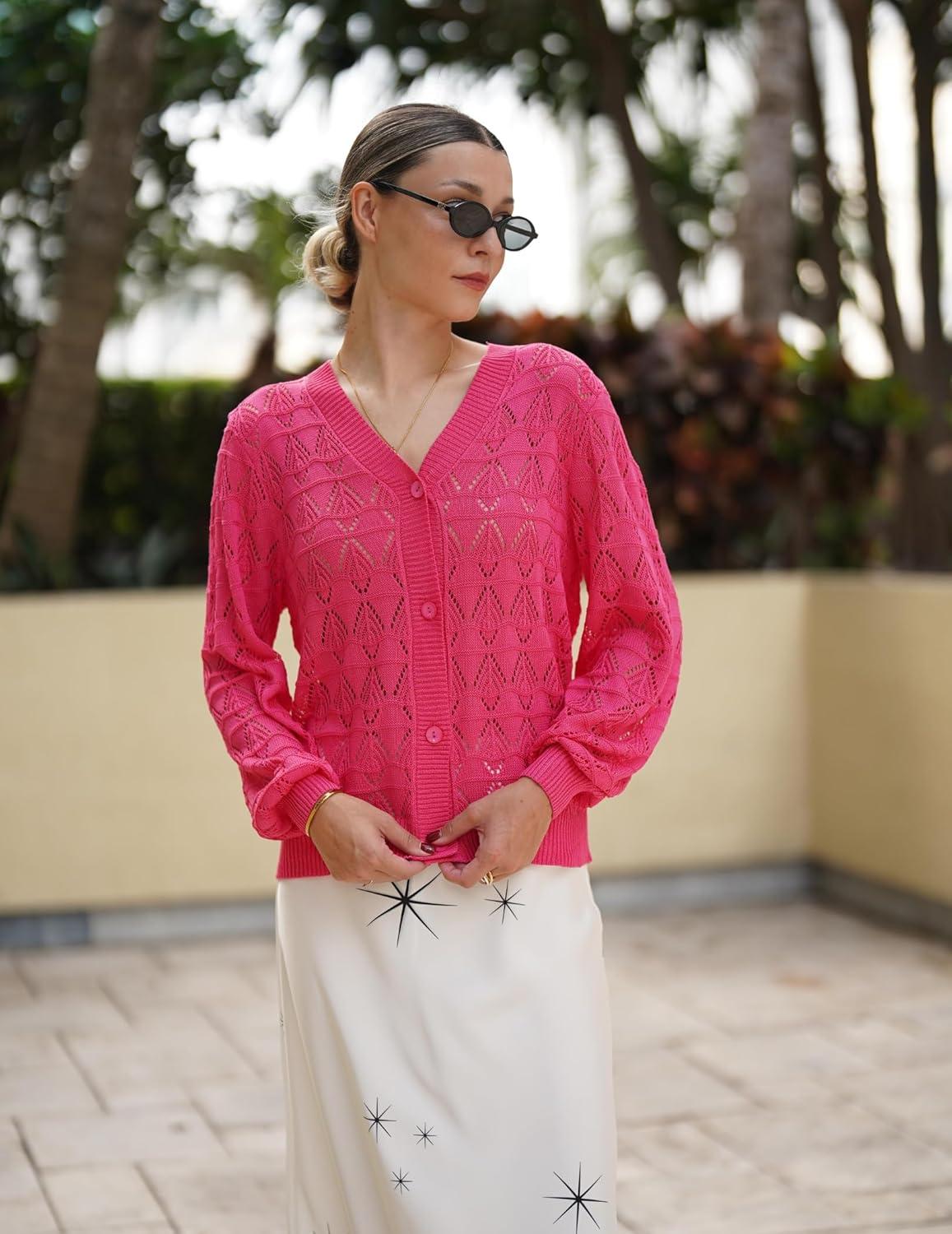 imageZeagoo Womens Lightweight Crochet Cropped Cardigan 2024 V Neck Long Sleeve Button up Bolero Shrug SweaterRose