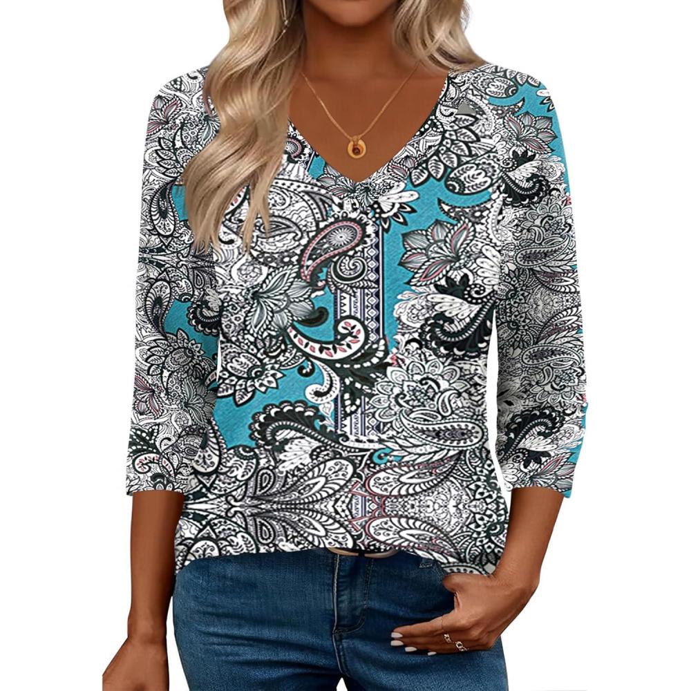imageZeagoo 34 Length Sleeve Womens Tops Casual V Neck Shirts Soft Basic Tees Business Work BlousesBlue Paisley