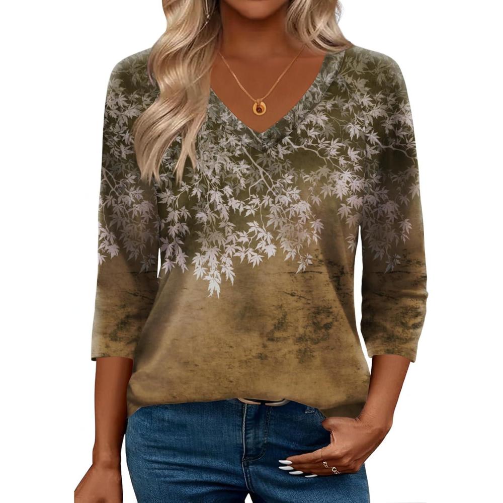 imageZeagoo 34 Length Sleeve Womens Tops Casual V Neck Shirts Soft Basic Tees Business Work BlousesBrown Leaves