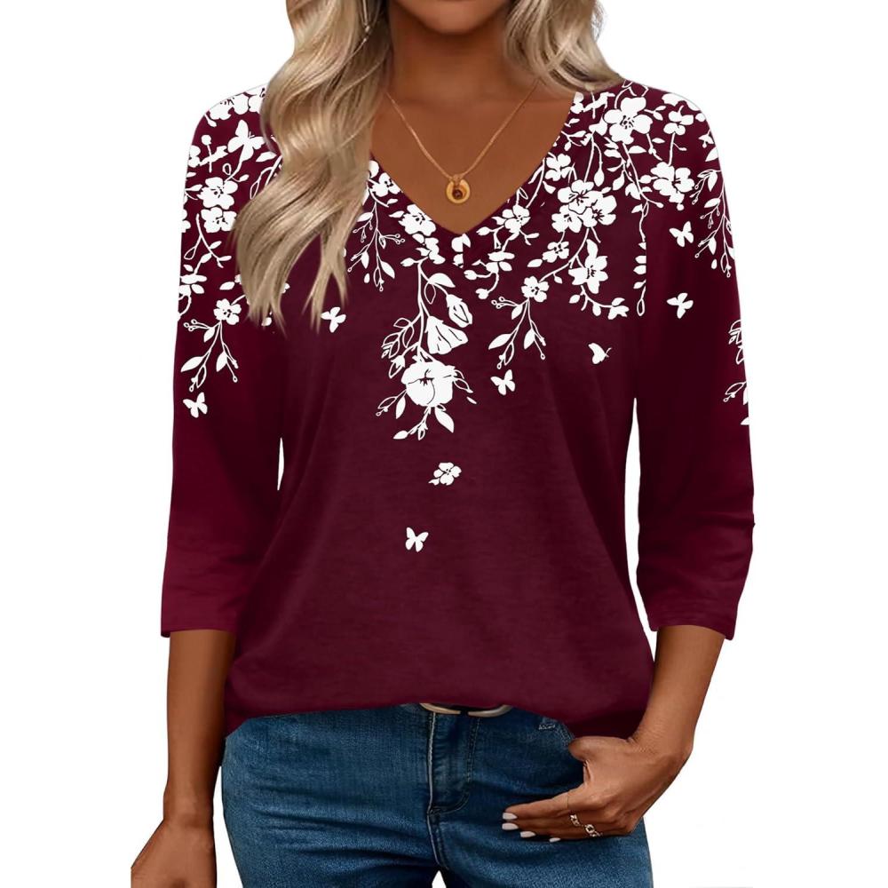 imageZeagoo 34 Length Sleeve Womens Tops Casual V Neck Shirts Soft Basic Tees Business Work BlousesRed Floral