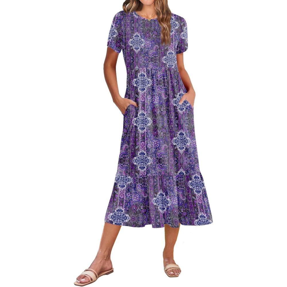 imageZeagoo Women Summer Midi A Line Dress Short Sleeve Casual Flowy Tiered Beach Long Sundress with Pockets 2026 Vacation TravelMz907