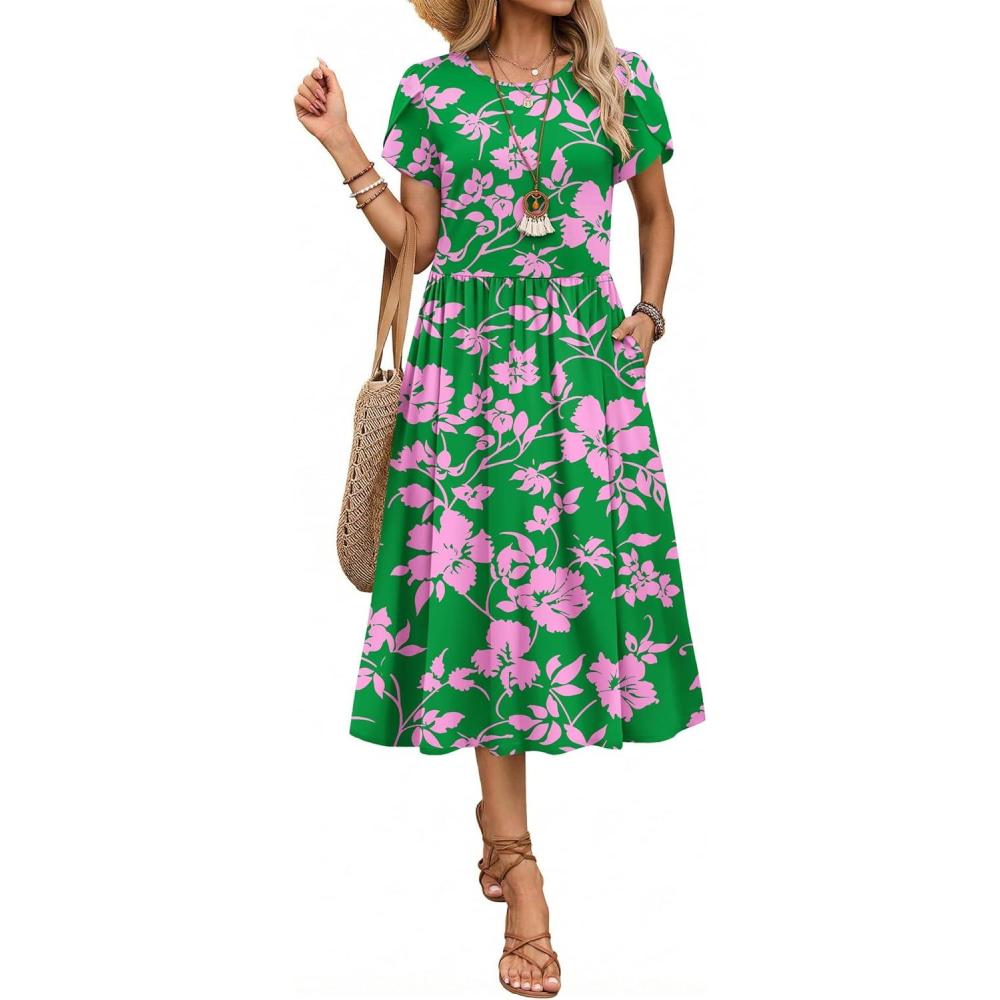 imageZeagoo Women Summer Short Sleeve Midi Dress with Pockets Casual Aline Flowy Tshirt Dress Floral Vocation Beach SundressDh594