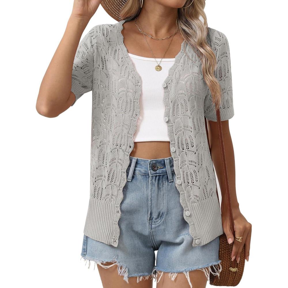 imageZeagoo Womens Short Sleeve Summer Cardigan VNeck Button up Lightweight Hollow Out Sweater Cardigans ShrugGrey
