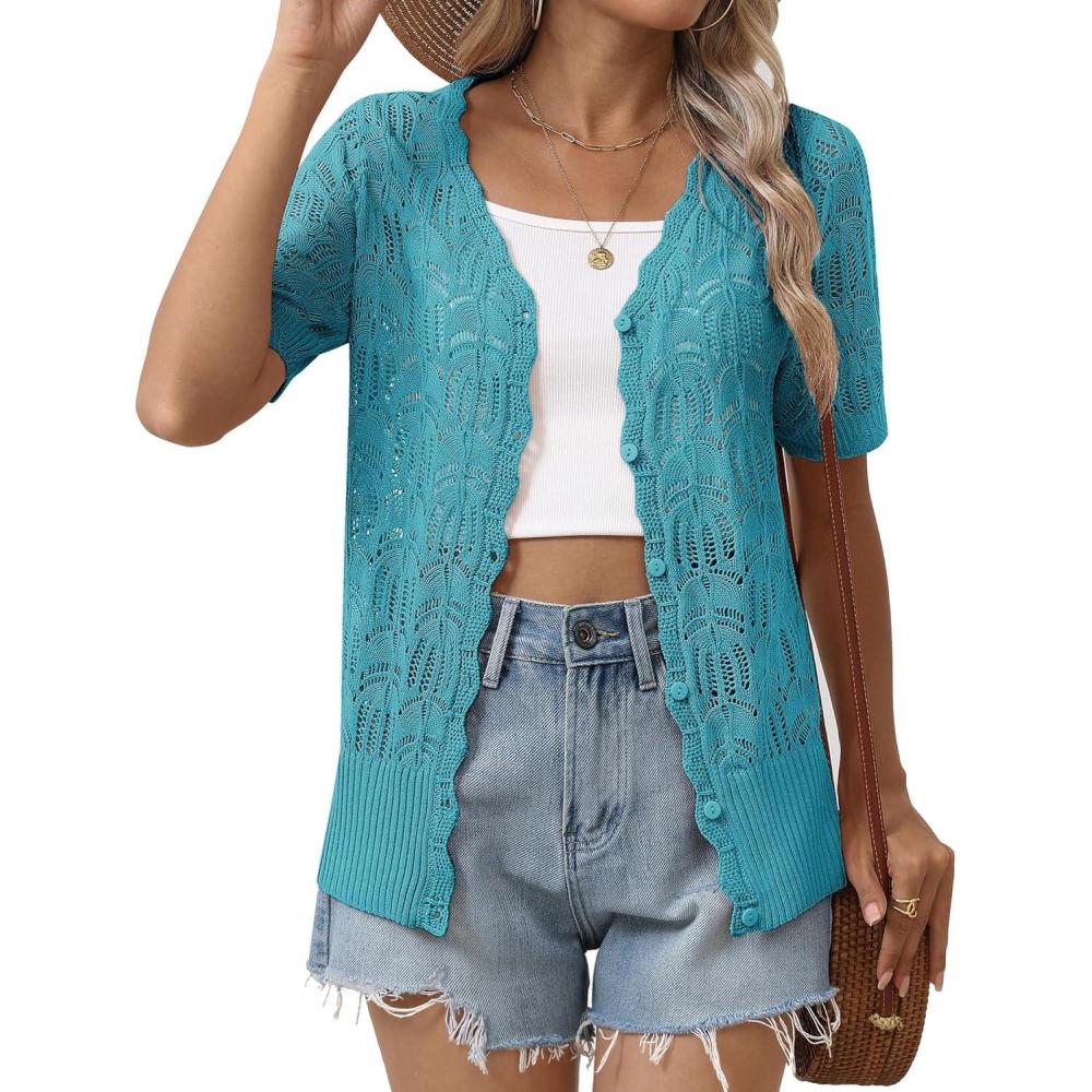 imageZeagoo Womens Short Sleeve Summer Cardigan VNeck Button up Lightweight Hollow Out Sweater Cardigans ShrugTeal