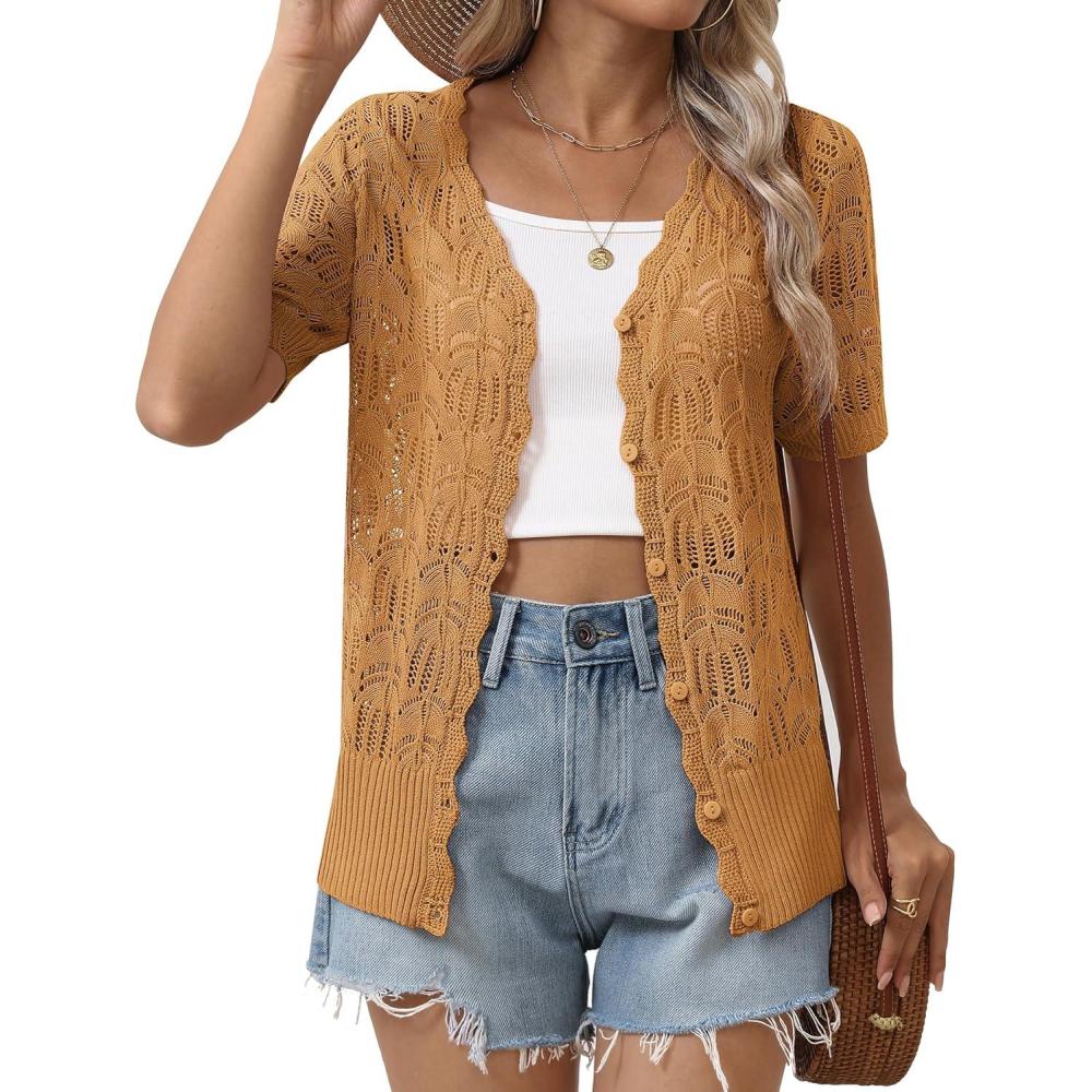 imageZeagoo Womens Short Sleeve Summer Cardigan VNeck Button up Lightweight Hollow Out Sweater Cardigans ShrugYellow Brown