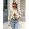 Zeagoo 3/4 Length Sleeve Womens Tops Casual V Neck Shirts Soft Basic Tees Business Work Blouses(Beige Christmas Tree)