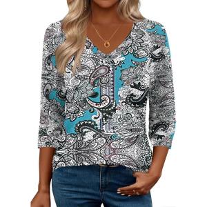 Zeagoo 3/4 Length Sleeve Womens Tops Casual V Neck Shirts Soft Basic Tees Business Work Blouses(Blue Paisley)