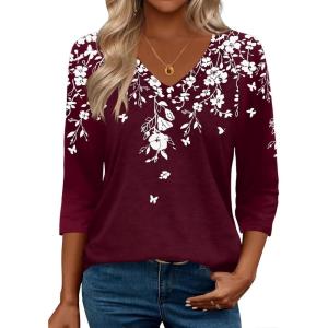 Zeagoo 3/4 Length Sleeve Womens Tops Casual V Neck Shirts Soft Basic Tees Business Work Blouses(Red Floral)