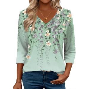 Zeagoo 3/4 Length Sleeve Womens Tops Casual V Neck Shirts Soft Basic Tees Business Work Blouses(Spring Bird)