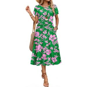 Zeagoo Women Summer Short Sleeve Midi Dress with Pockets Casual Aline Flowy Tshirt Dress Floral Vocation Beach Sundress(Dh594)