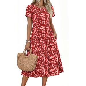 Zeagoo Women Summer Short Sleeve Midi Dress with Pockets Casual Aline Flowy Tshirt Dress Floral Vocation Beach Sundress(Red Round Dot)