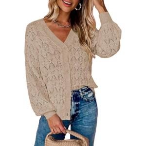 Zeagoo Women’s Lightweight Crochet Cropped Cardigan 2024 V Neck Long Sleeve Button up Bolero Shrug Sweater(Khaki)