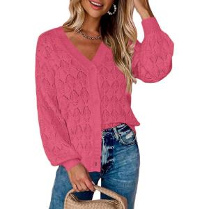 Zeagoo Women’s Lightweight Crochet Cropped Cardigan 2024 V Neck Long Sleeve Button up Bolero Shrug Sweater(Rose)