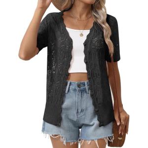 Zeagoo Women’s Short Sleeve Summer Cardigan V-Neck Button up Lightweight Hollow Out Sweater Cardigans Shrug(A-black)