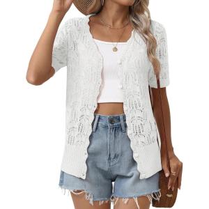 Zeagoo Women’s Short Sleeve Summer Cardigan V-Neck Button up Lightweight Hollow Out Sweater Cardigans Shrug(A-white)