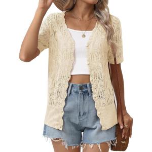 Zeagoo Women’s Short Sleeve Summer Cardigan V-Neck Button up Lightweight Hollow Out Sweater Cardigans Shrug(Beige)