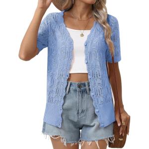 Zeagoo Women’s Short Sleeve Summer Cardigan V-Neck Button up Lightweight Hollow Out Sweater Cardigans Shrug(Blue)