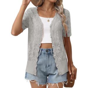 Zeagoo Women’s Short Sleeve Summer Cardigan V-Neck Button up Lightweight Hollow Out Sweater Cardigans Shrug(Grey)