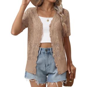Zeagoo Women’s Short Sleeve Summer Cardigan V-Neck Button up Lightweight Hollow Out Sweater Cardigans Shrug(Khaki)