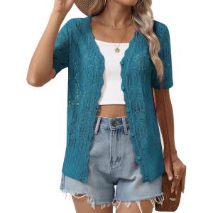 Zeagoo Women’s Short Sleeve Summer Cardigan V-Neck Button up Lightweight Hollow Out Sweater Cardigans Shrug(Navy)