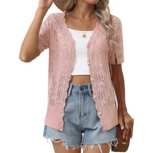 Zeagoo Women’s Short Sleeve Summer Cardigan V-Neck Button up Lightweight Hollow Out Sweater Cardigans Shrug(Pink)