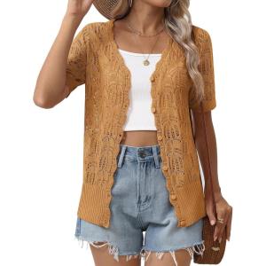 Zeagoo Women’s Short Sleeve Summer Cardigan V-Neck Button up Lightweight Hollow Out Sweater Cardigans Shrug(Yellow Brown)