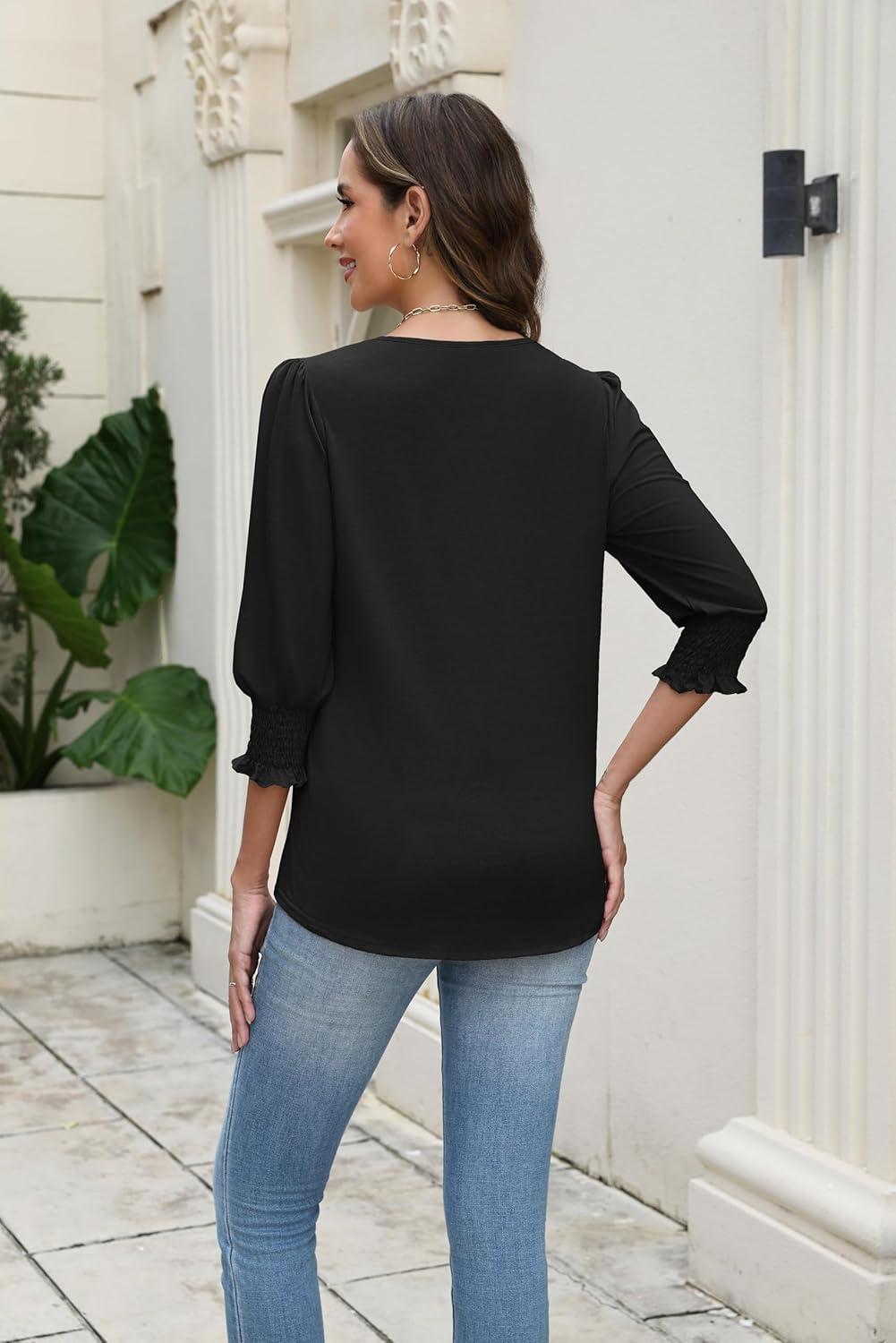 imageZeagoo 34 Length Sleeve Blouse Pleated Tops Tunics for Women Dressy Shirt Business CasualBlack