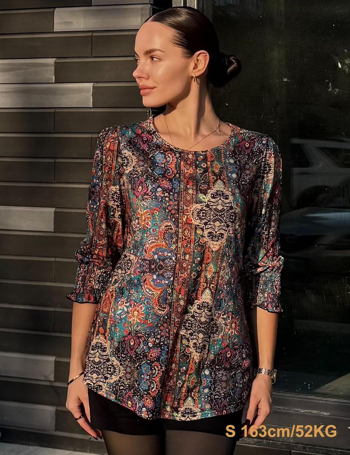 imageZeagoo 34 Length Sleeve Blouse Pleated Tops Tunics for Women Dressy Shirt Business CasualBrown Boho