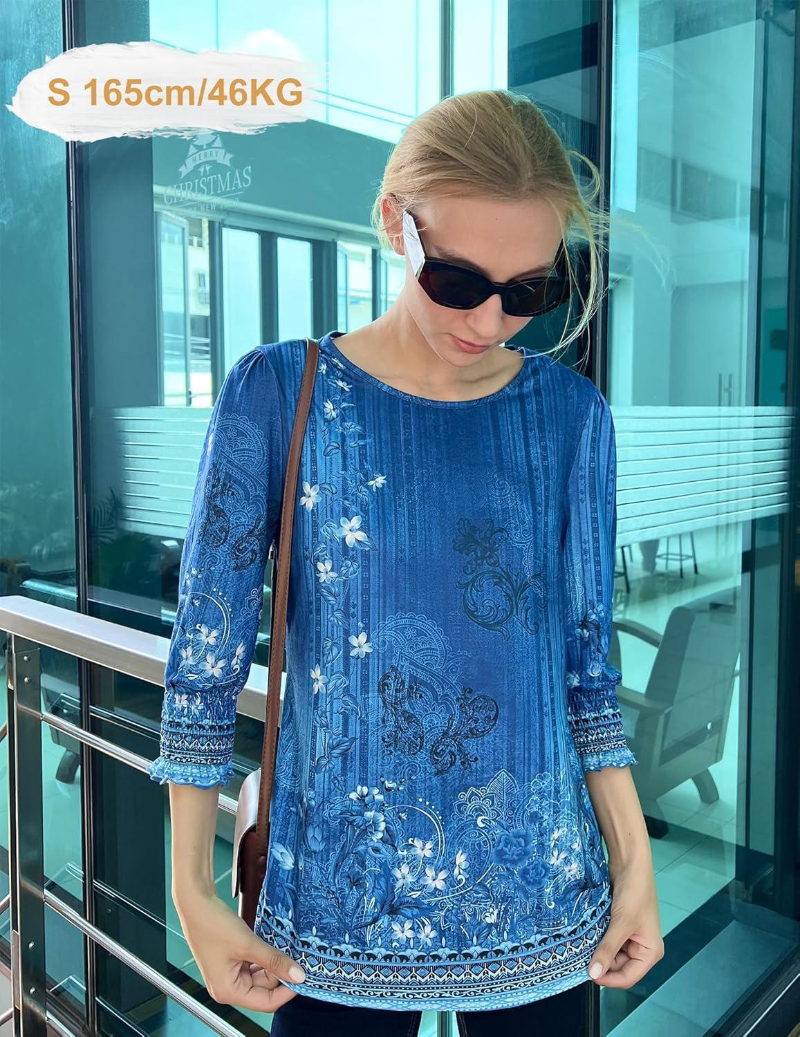 imageZeagoo 34 Length Sleeve Blouse Pleated Tops Tunics for Women Dressy Shirt Business CasualDeep Blue Bouquet