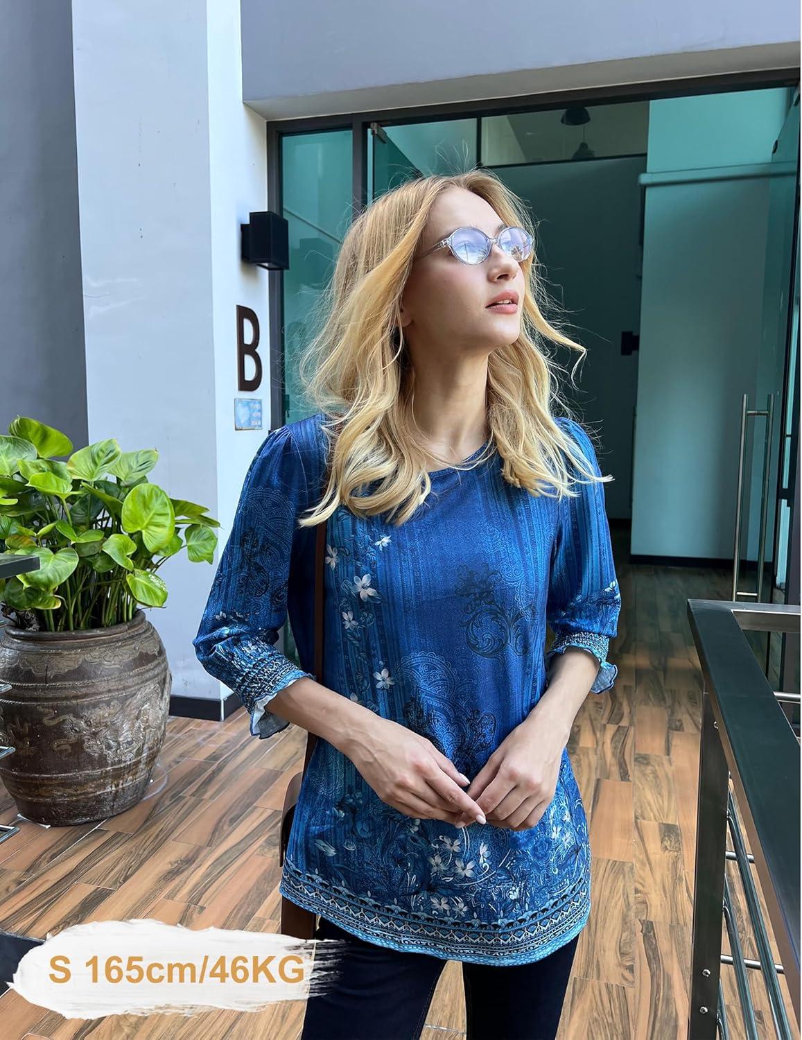 imageZeagoo 34 Length Sleeve Blouse Pleated Tops Tunics for Women Dressy Shirt Business CasualDeep Blue Bouquet