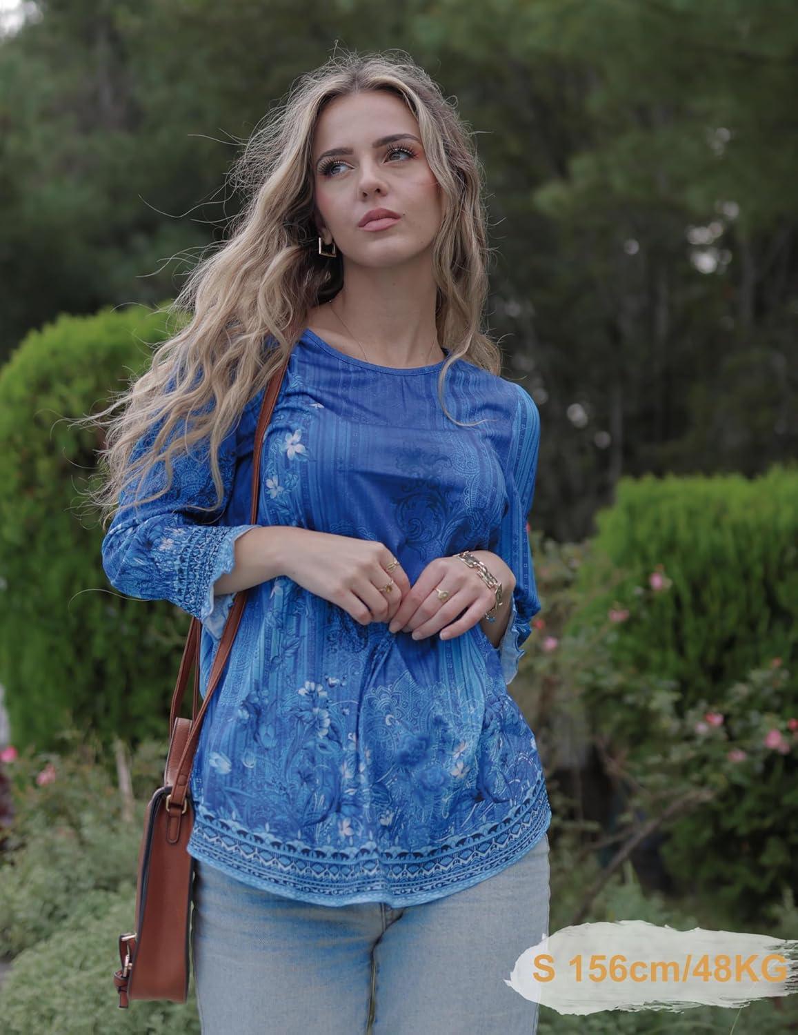 imageZeagoo 34 Length Sleeve Blouse Pleated Tops Tunics for Women Dressy Shirt Business CasualDeep Blue Bouquet