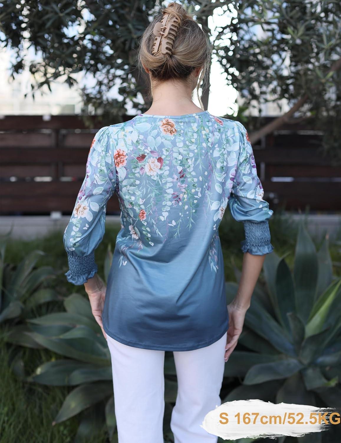 imageZeagoo 34 Length Sleeve Blouse Pleated Tops Tunics for Women Dressy Shirt Business CasualGreyblue Watercolor Bloom