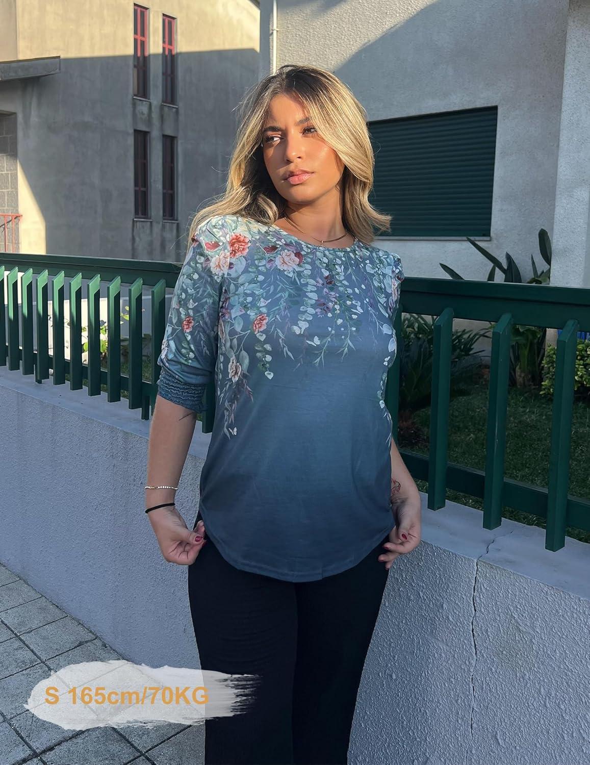 imageZeagoo 34 Length Sleeve Blouse Pleated Tops Tunics for Women Dressy Shirt Business CasualGreyblue Watercolor Bloom
