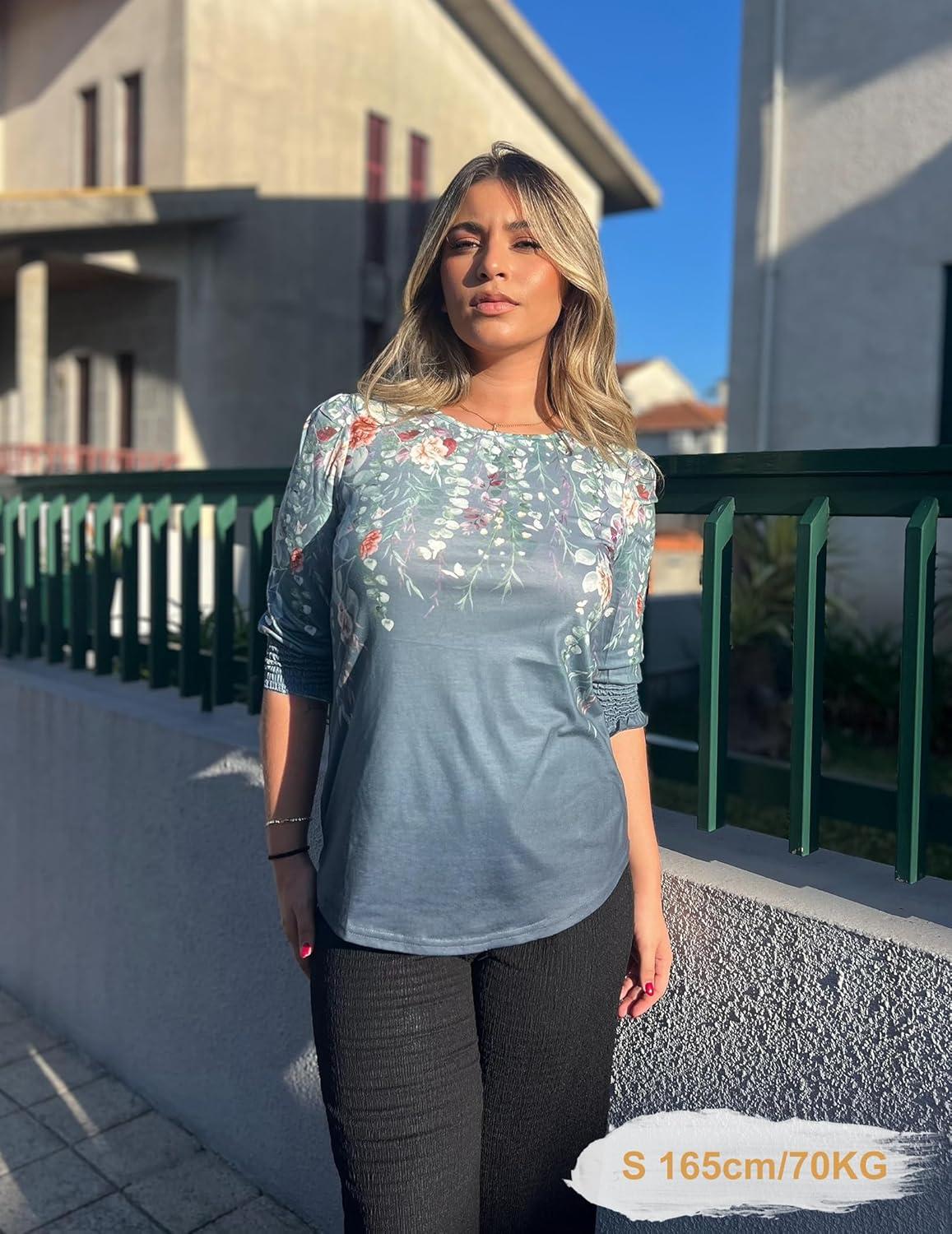 imageZeagoo 34 Length Sleeve Blouse Pleated Tops Tunics for Women Dressy Shirt Business CasualGreyblue Watercolor Bloom